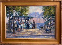 Bücherstände in der Nähe der Pont Neuf, original 20x30 französische impressionistische Stadtlandschaft