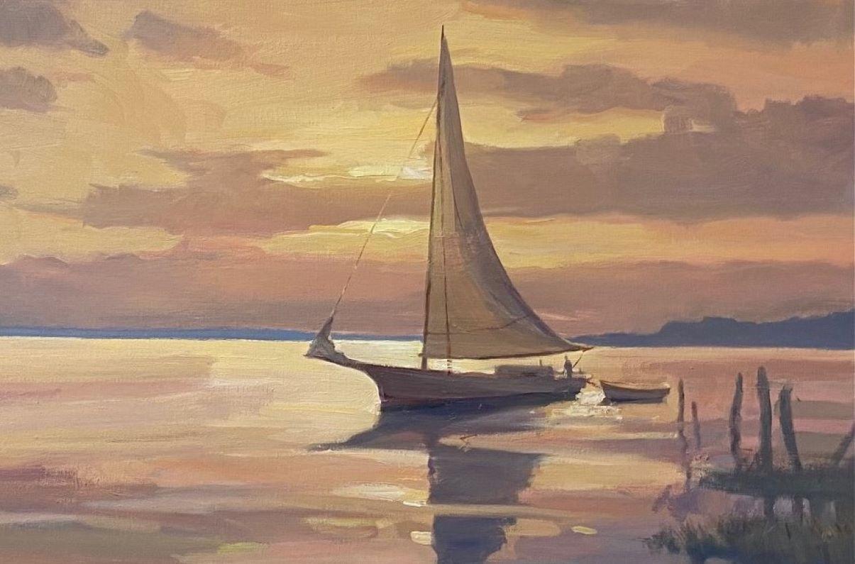 Your plan is to quietly leave home in time to be under sail at the break of day, alone in the peace and quiet. But somehow multiple other boats have already set sail!  As you glance out to sea, the beauty and calm is mauve, heather, apricot,