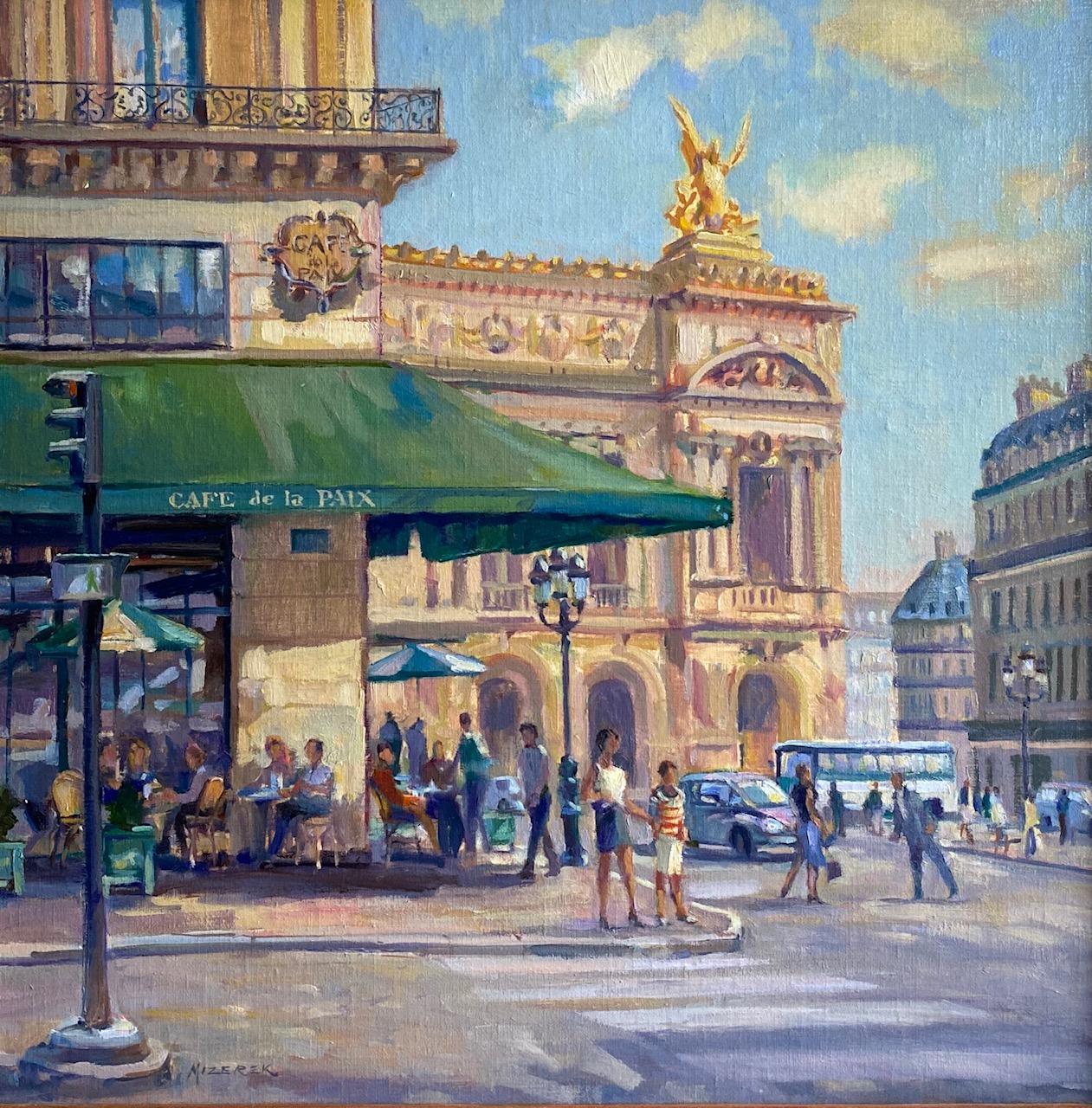 Cafe de la Paix, Paris, original French impressionist landscape - Painting by Leonard Mizerek