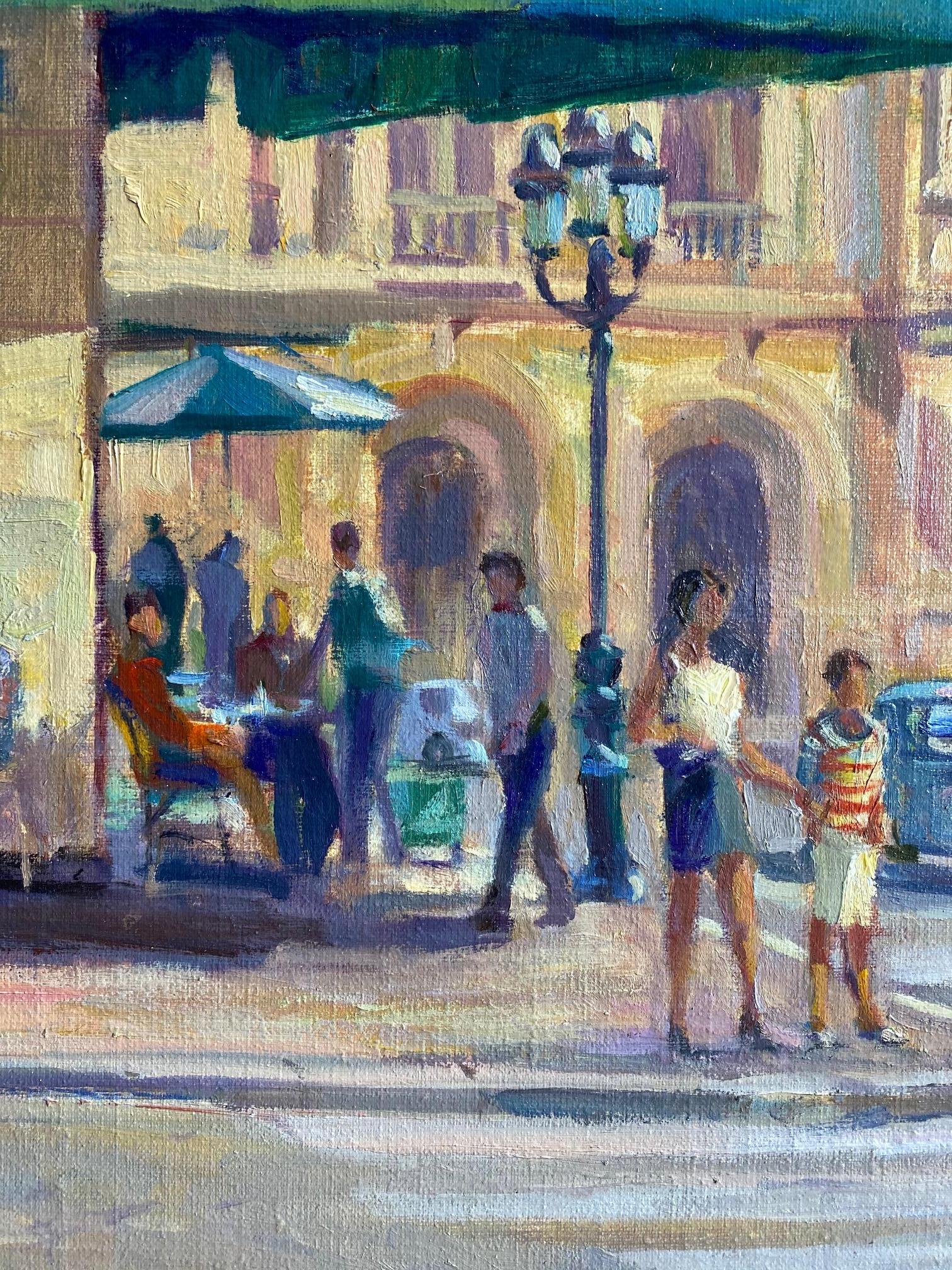 Cafe de la Paix, Paris, original French impressionist landscape - Impressionist Painting by Leonard Mizerek