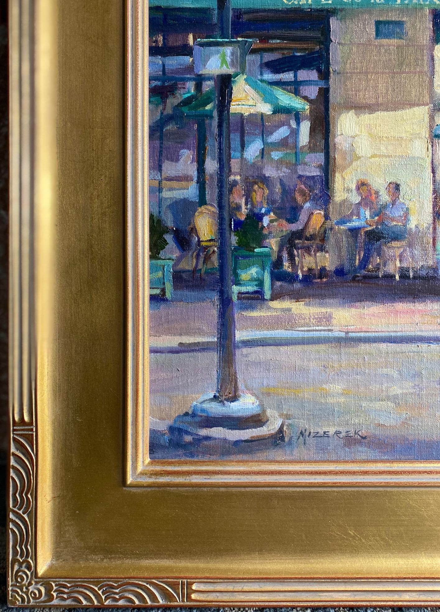 Cafe de la Paix, Paris, original French impressionist landscape - Brown Figurative Painting by Leonard Mizerek