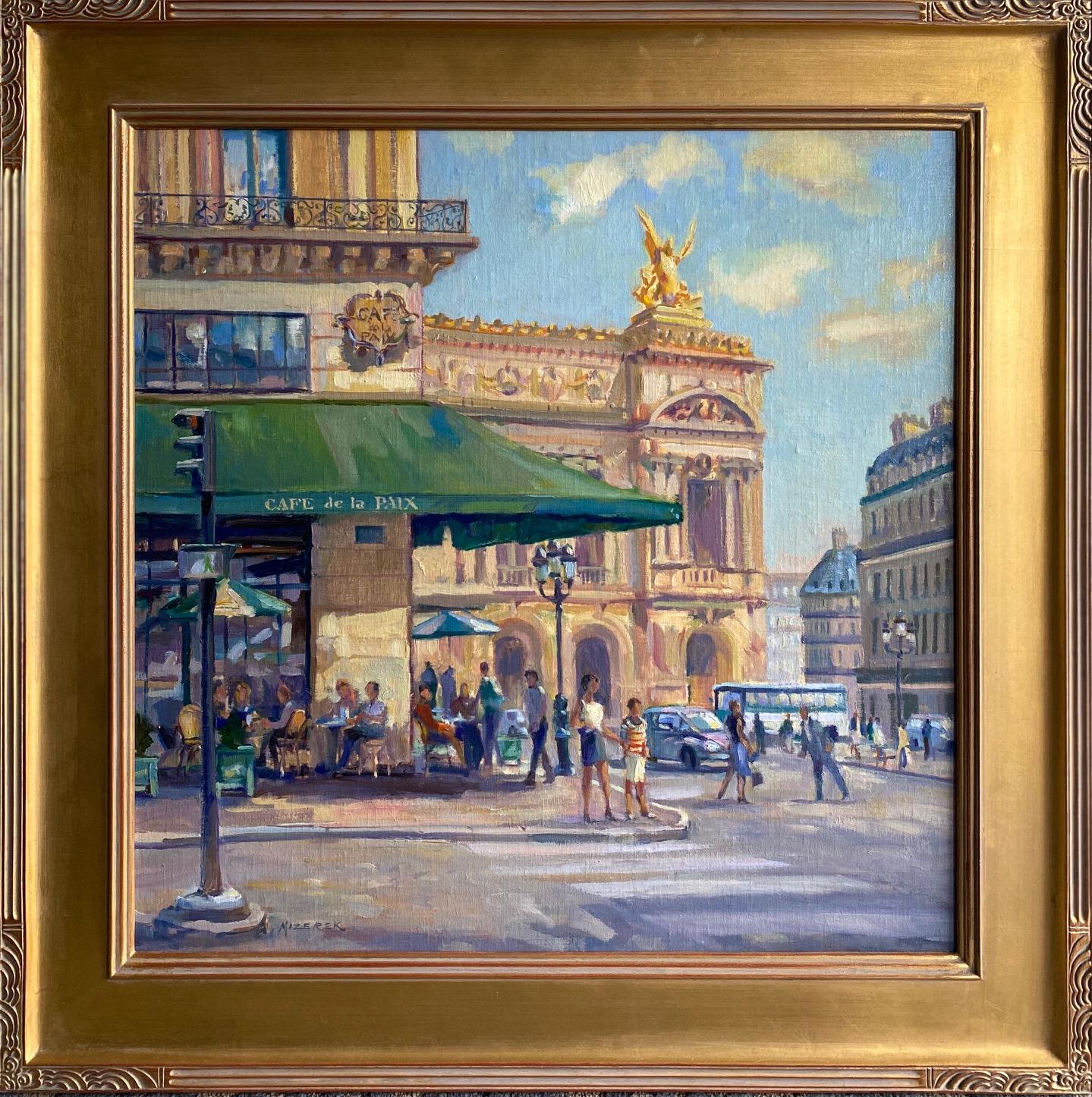 Leonard Mizerek Figurative Painting - Cafe de la Paix, Paris, original French impressionist landscape