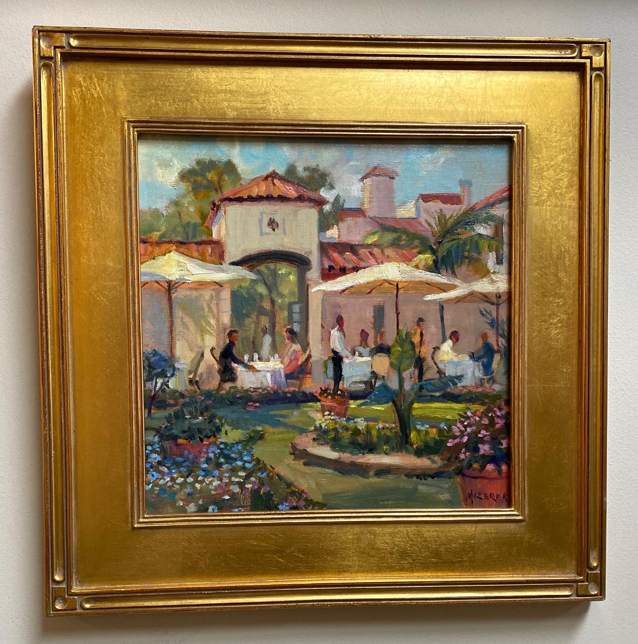 Leonard Mizerek Figurative Painting - Cafe Flora, Palm Beach, Florida impressionist landscape