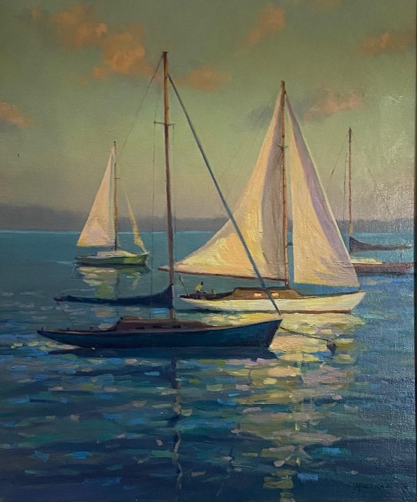 Calm Waters, original 20x16 impressionist marine landscape - Painting by Leonard Mizerek