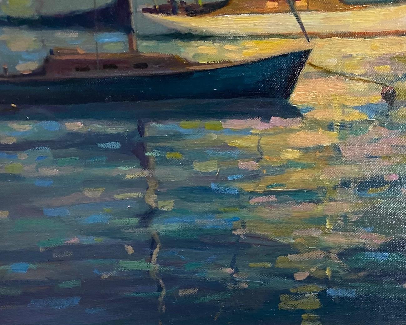 Calm Waters, original 20x16 impressionist marine landscape - Impressionist Painting by Leonard Mizerek