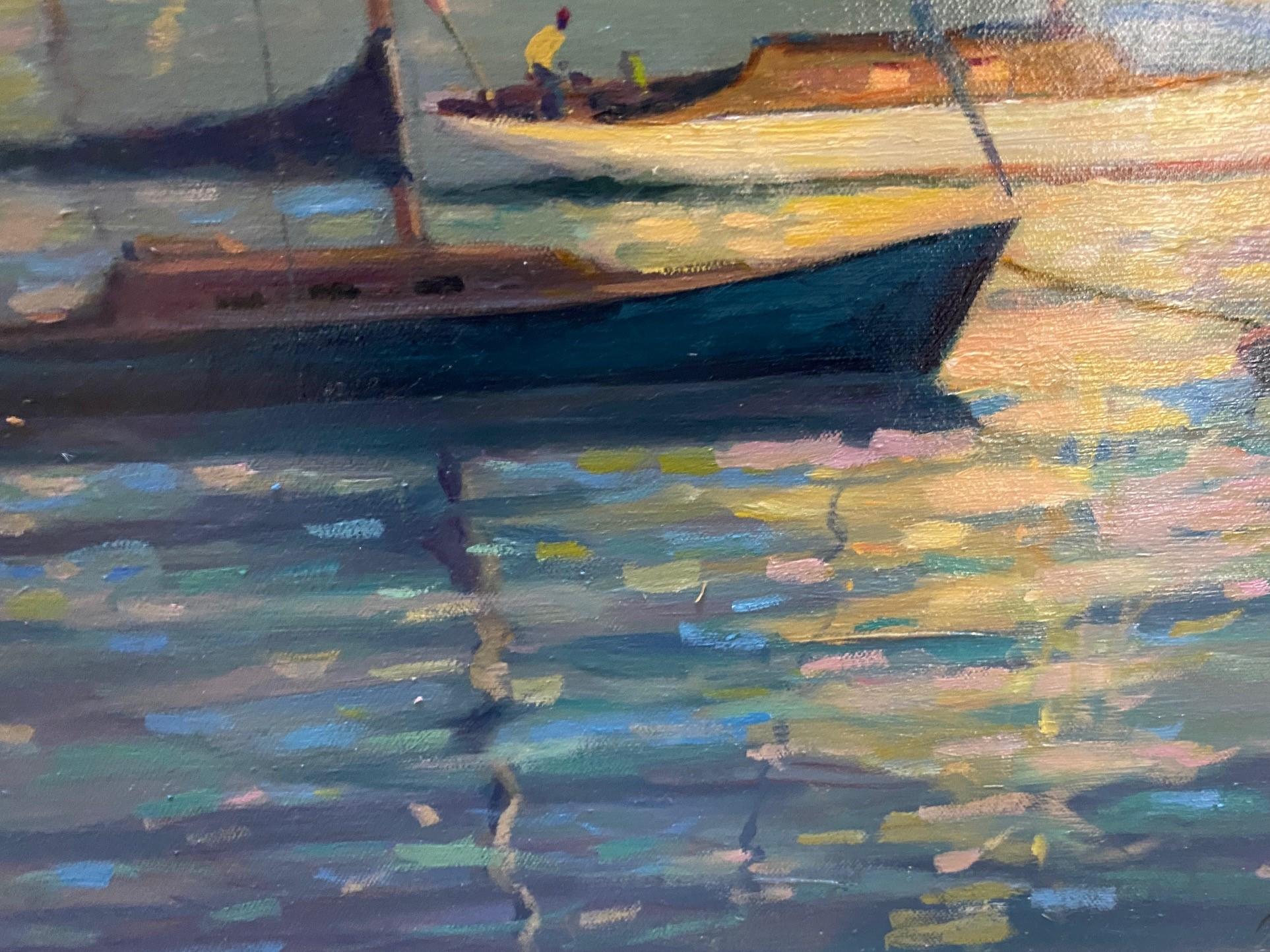 Calm Waters, original 20x16 impressionist marine landscape - Brown Figurative Painting by Leonard Mizerek