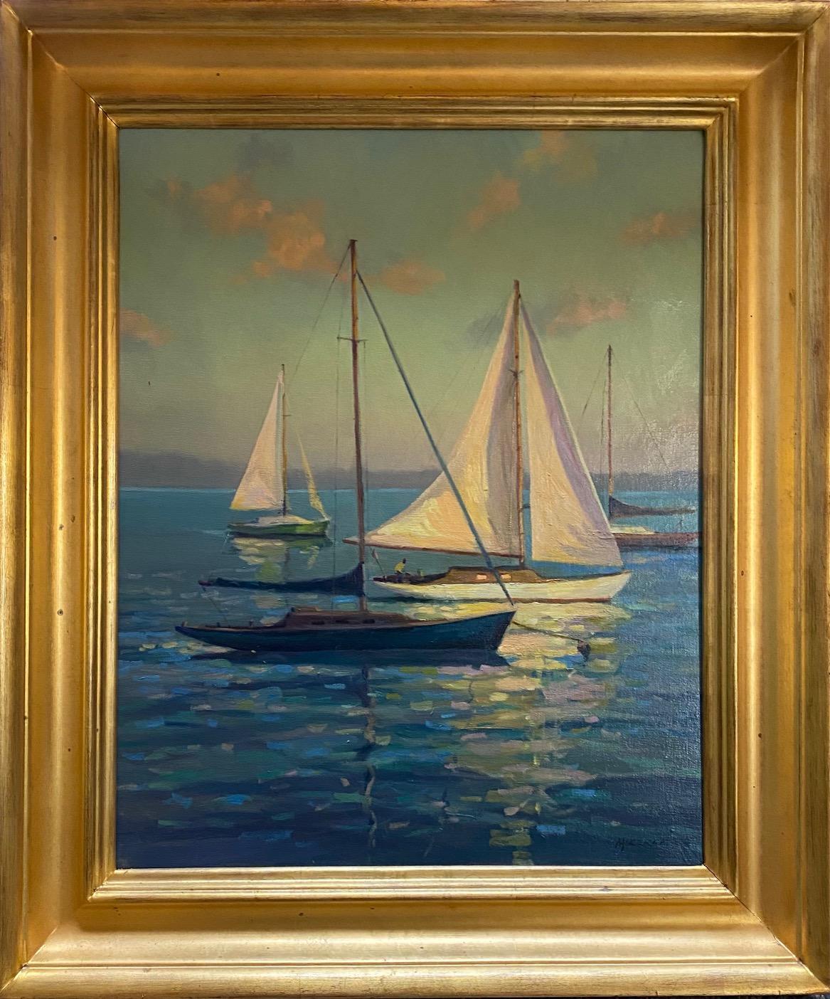 Leonard Mizerek Figurative Painting - Calm Waters, original 20x16 impressionist marine landscape