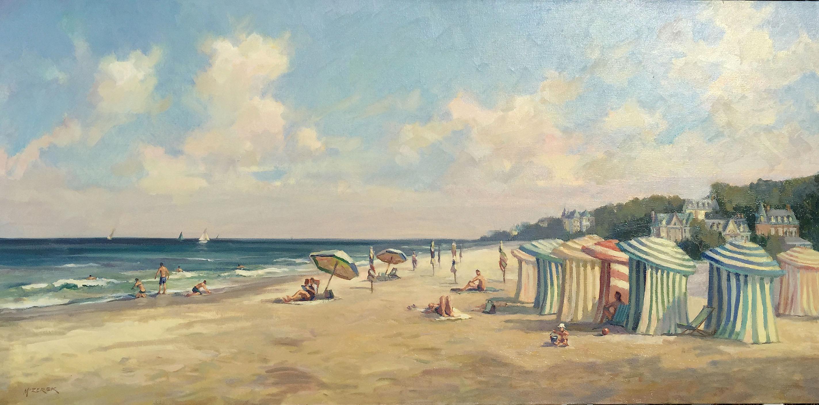 French Seashore, original 24x48 French impressionist landscape - Painting by Leonard Mizerek