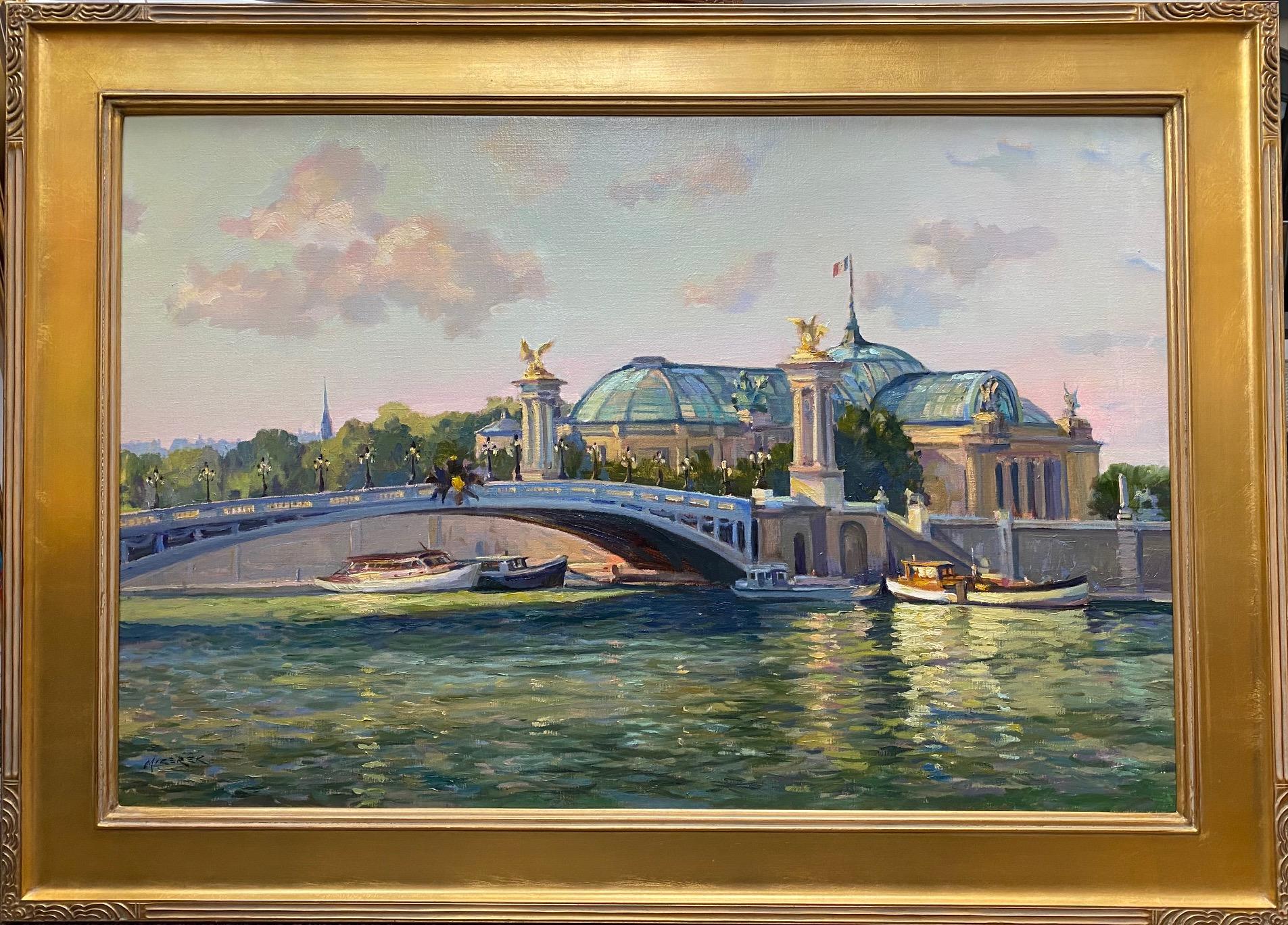 Grand Palais, Paris, 24 x 36 original French impressionist landscape - Painting by Leonard Mizerek
