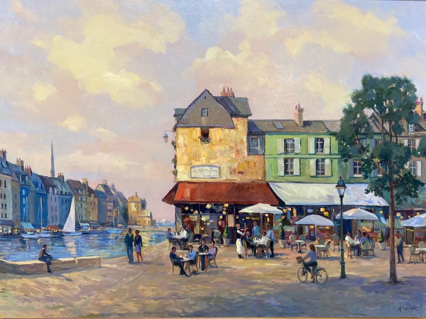 Honfleur Cafe, original 30x40 French Impressionist marine landscape - Painting by Leonard Mizerek