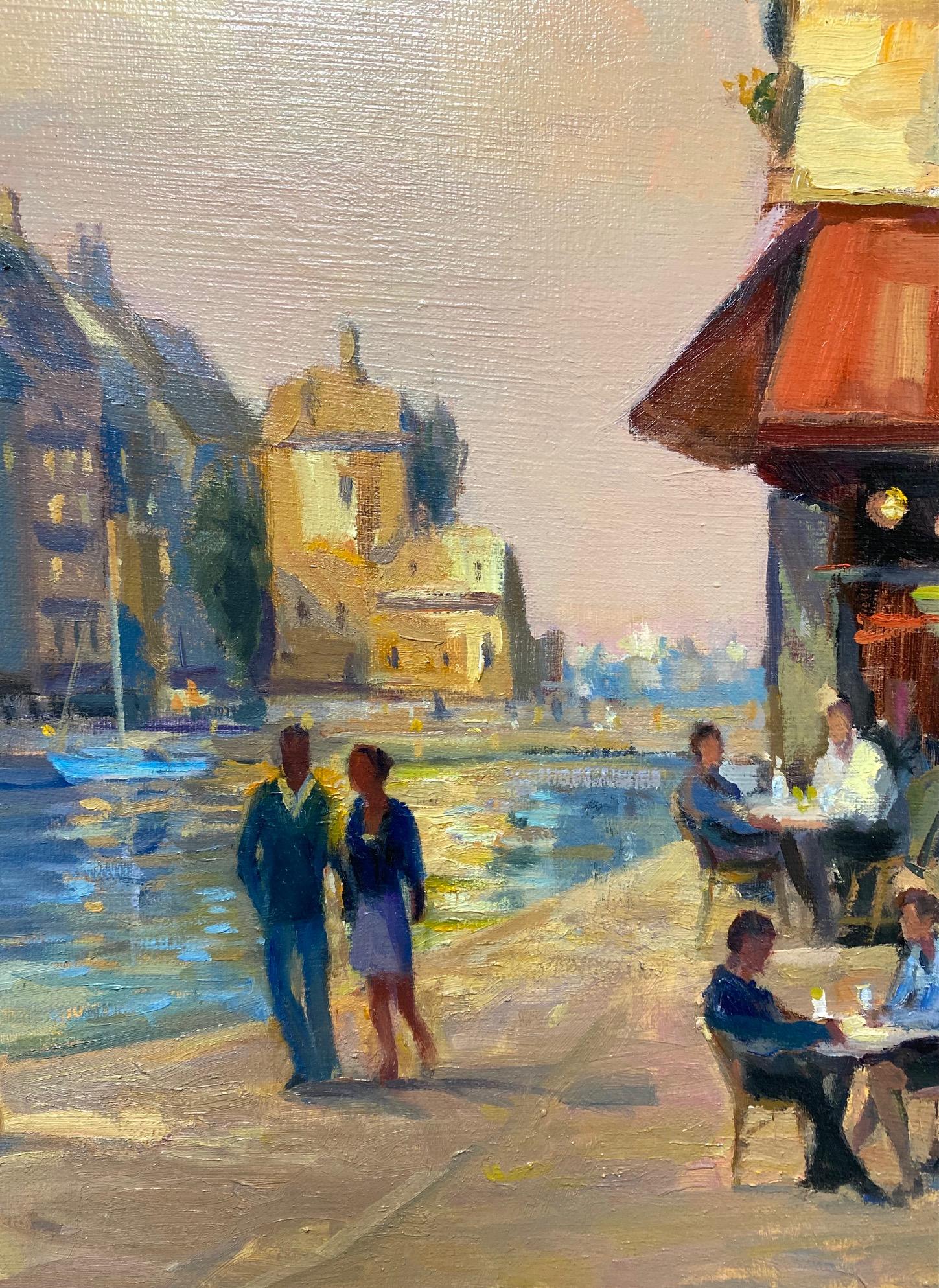 Honfleur Cafe, original 30x40 French Impressionist marine landscape - Brown Landscape Painting by Leonard Mizerek