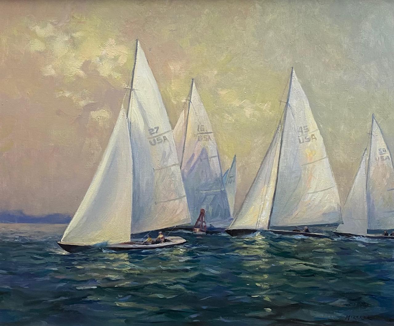 Leading the Pack, original impressionist marine landscape - Painting by Leonard Mizerek