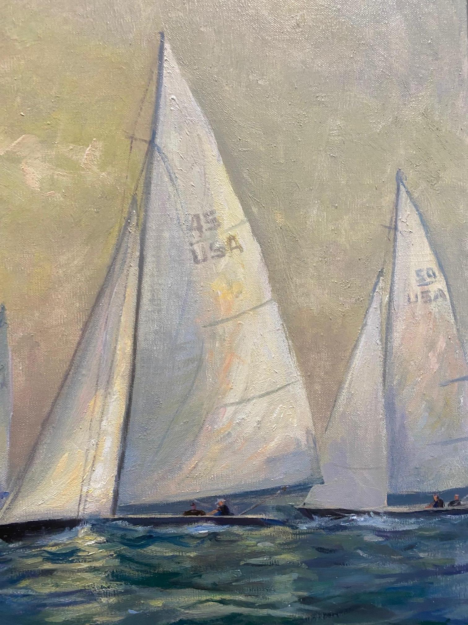 Leading the Pack, original impressionist marine landscape - Impressionist Painting by Leonard Mizerek