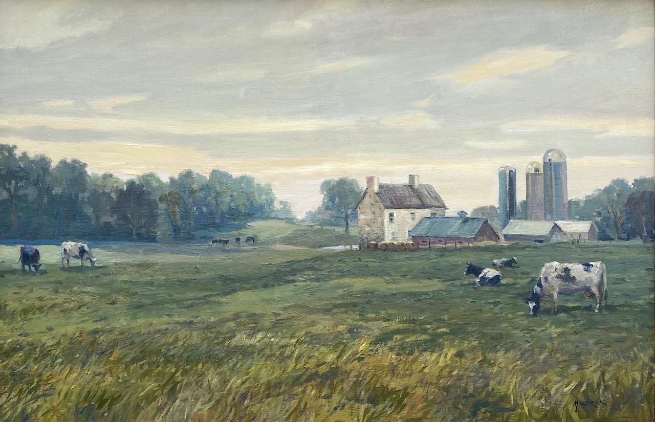 Misty Morning, original 20x30 impressionist landscape - Painting by Leonard Mizerek