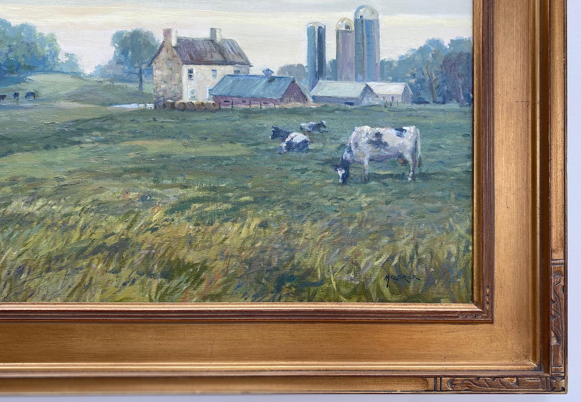 Misty Morning, original 20x30 impressionist landscape - Brown Animal Painting by Leonard Mizerek