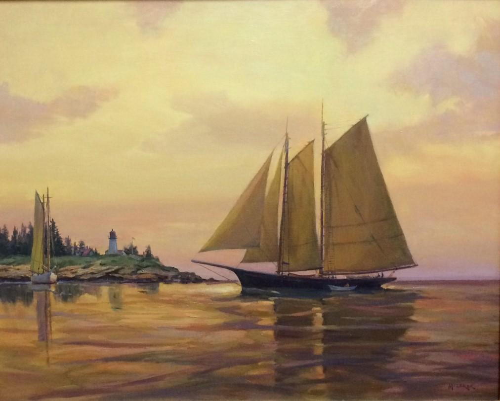 Nearing Burnt Island, original 24x30 impressionist marine landscape - Painting by Leonard Mizerek