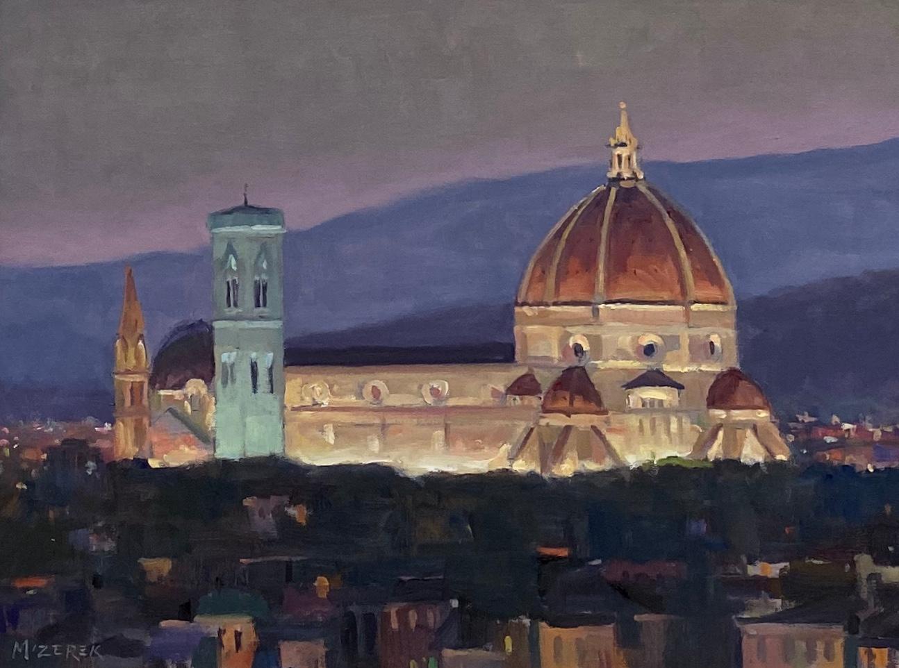 Nightfall in Florence, original Italian landscape - Painting by Leonard Mizerek