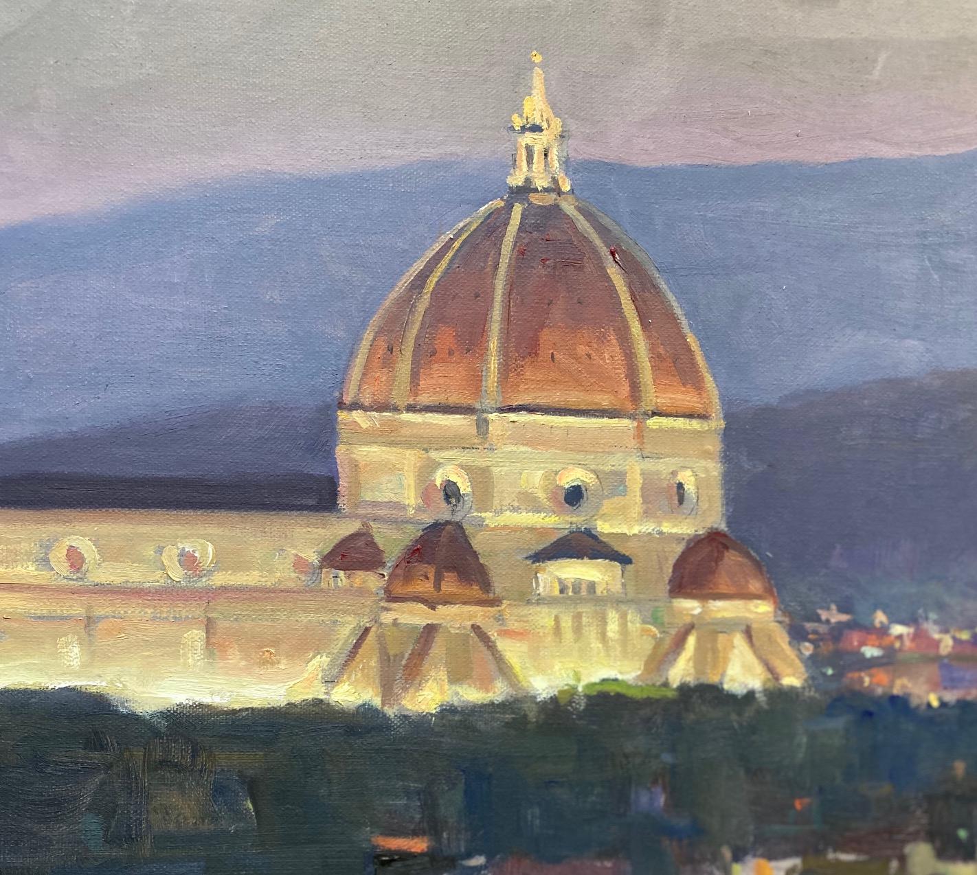 Nightfall in Florence, original Italian landscape - Impressionist Painting by Leonard Mizerek