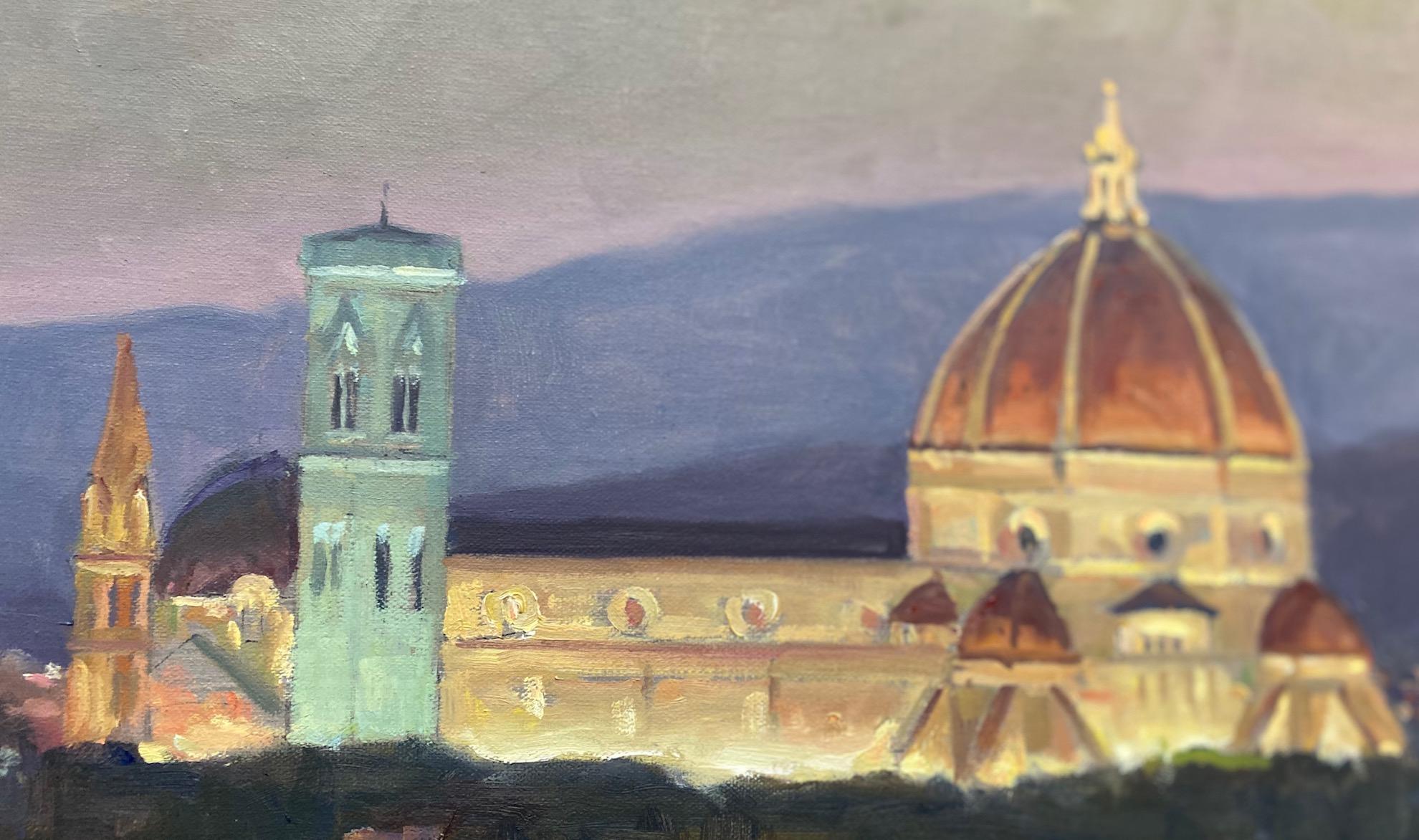 Florence, Italy, still one of the great art centers of Europe, glows at sunset in this impressionist Italian landscape.  Painted en plein air,  artist Leonard Mizerek at once creates a stillness that's blanketed with a sense of wonder.  As Florence