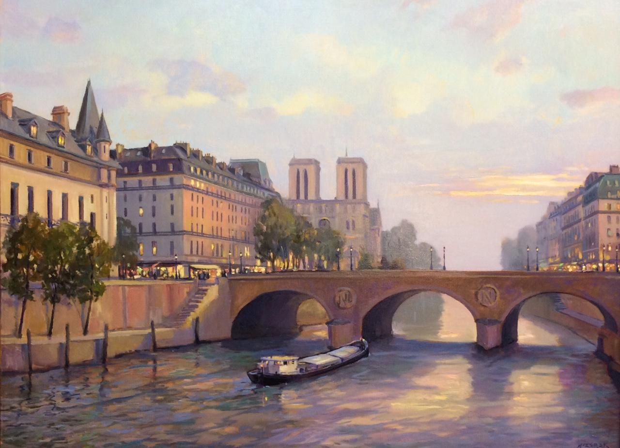 Paris at Sunset, original 38x50 French impressionist landscape - Painting by Leonard Mizerek