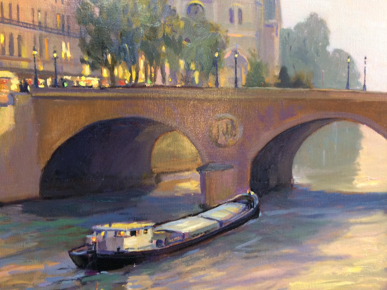 Paris at Sunset, original 38x50 French impressionist landscape - Impressionist Painting by Leonard Mizerek