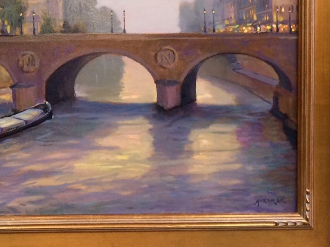 This original landscape of Paris at sunset is a Leonard Mizerek masterpiece.  The city of lights is glistening with illumination across on Ile St. Louis and the Seine River, all with the Cathedral of Notre Dame in view!  The cherished Ile de la Cite