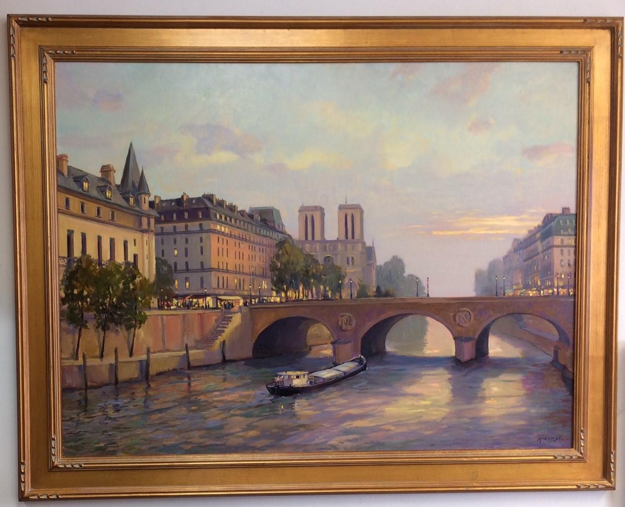 Leonard Mizerek Landscape Painting - Paris at Sunset, original 38x50 French impressionist landscape