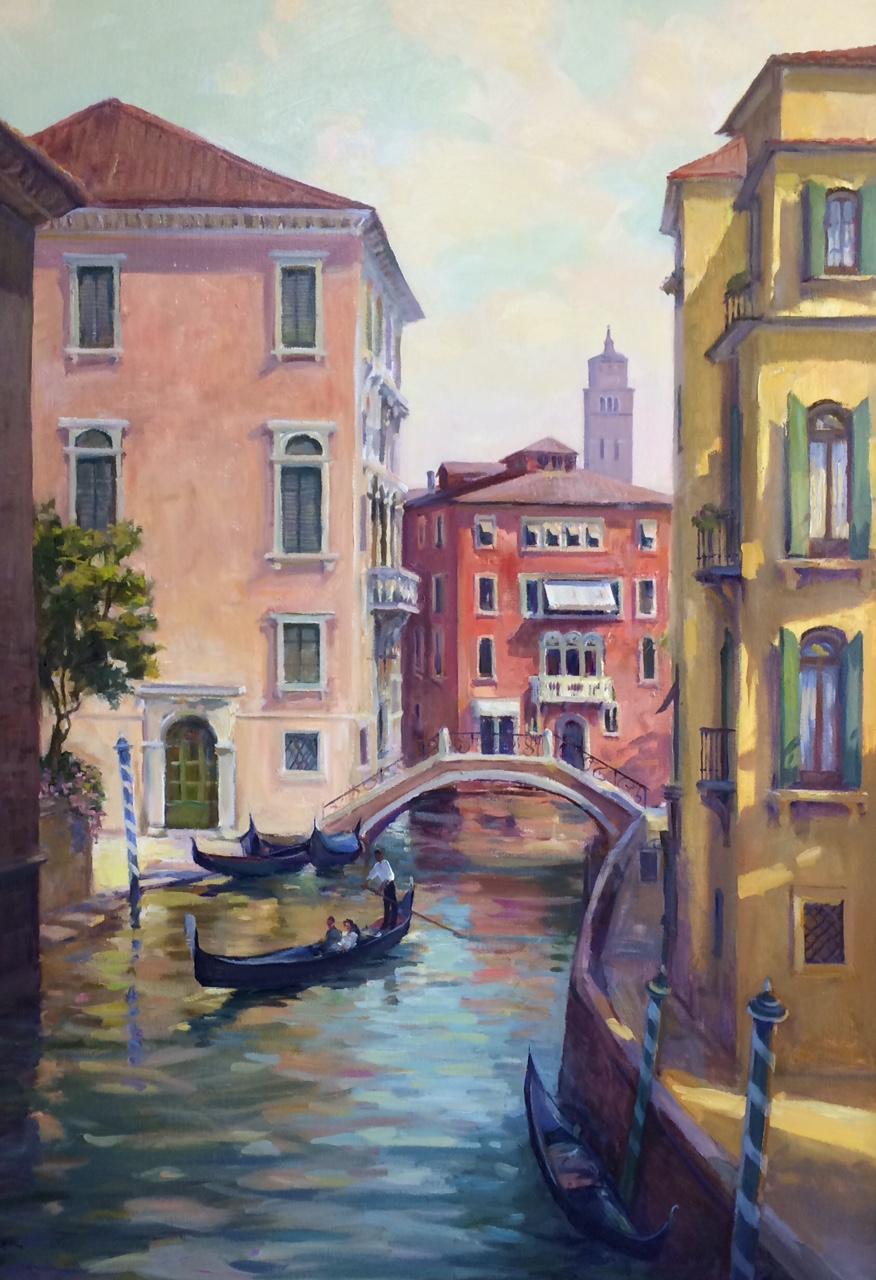 Passage Through Venice, Italy, original 48x36 impressionist landscape - Painting by Leonard Mizerek
