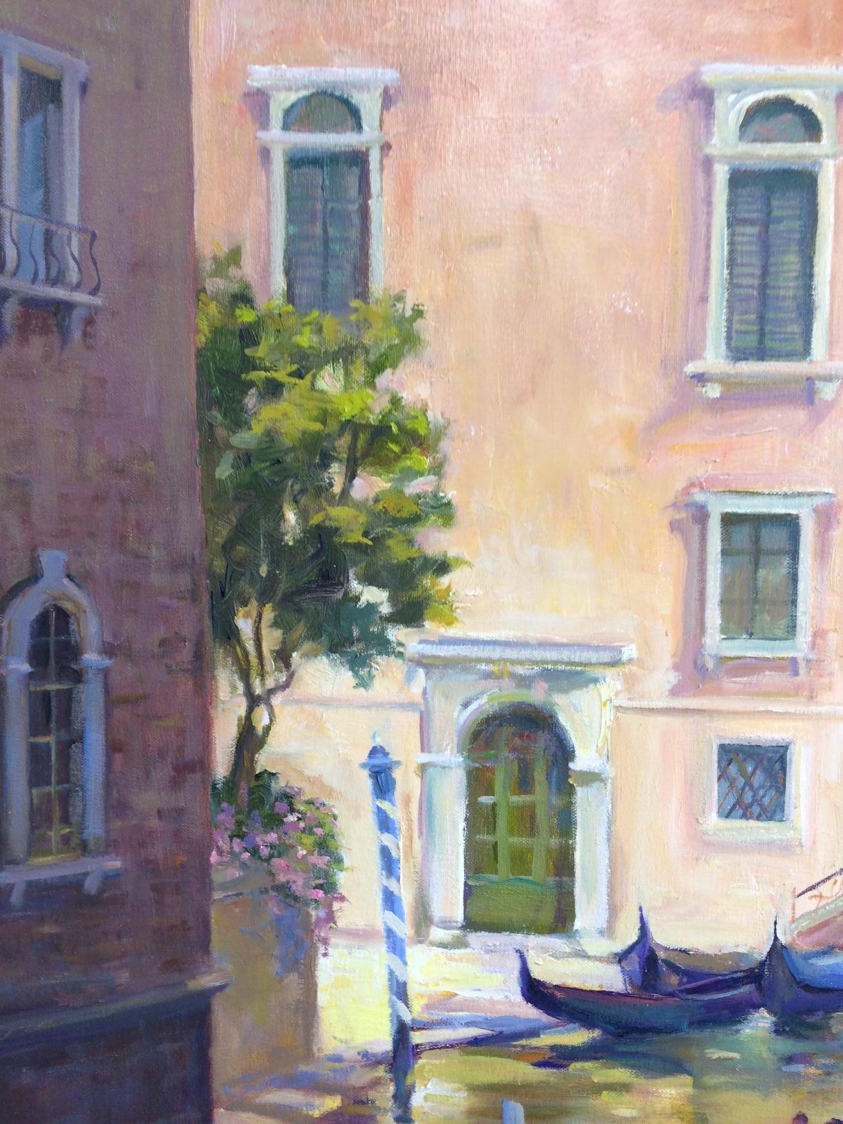 Passage Through Venice, Italy, original 48x36 impressionist landscape - Brown Landscape Painting by Leonard Mizerek