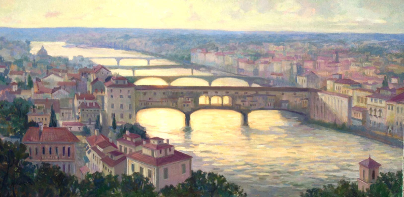 Ponte Vecchio at Twilight, Florence, original 24x48 impressionist landscape - Painting by Leonard Mizerek