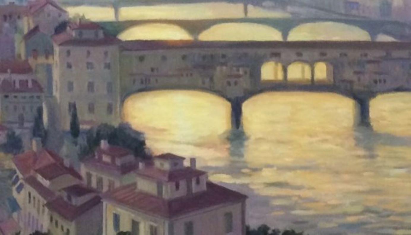 Ponte Vecchio at Twilight, Florence, original 24x48 impressionist landscape - Impressionist Painting by Leonard Mizerek