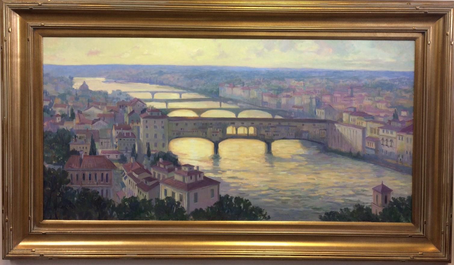 Leonard Mizerek Landscape Painting - Ponte Vecchio at Twilight, Florence, original 24x48 impressionist landscape