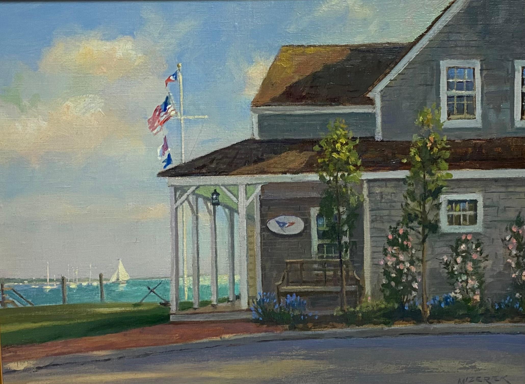 Porzellanansicht, Great Harbor Yacht Club, original realistische Meereslandschaft – Painting von Leonard Mizerek
