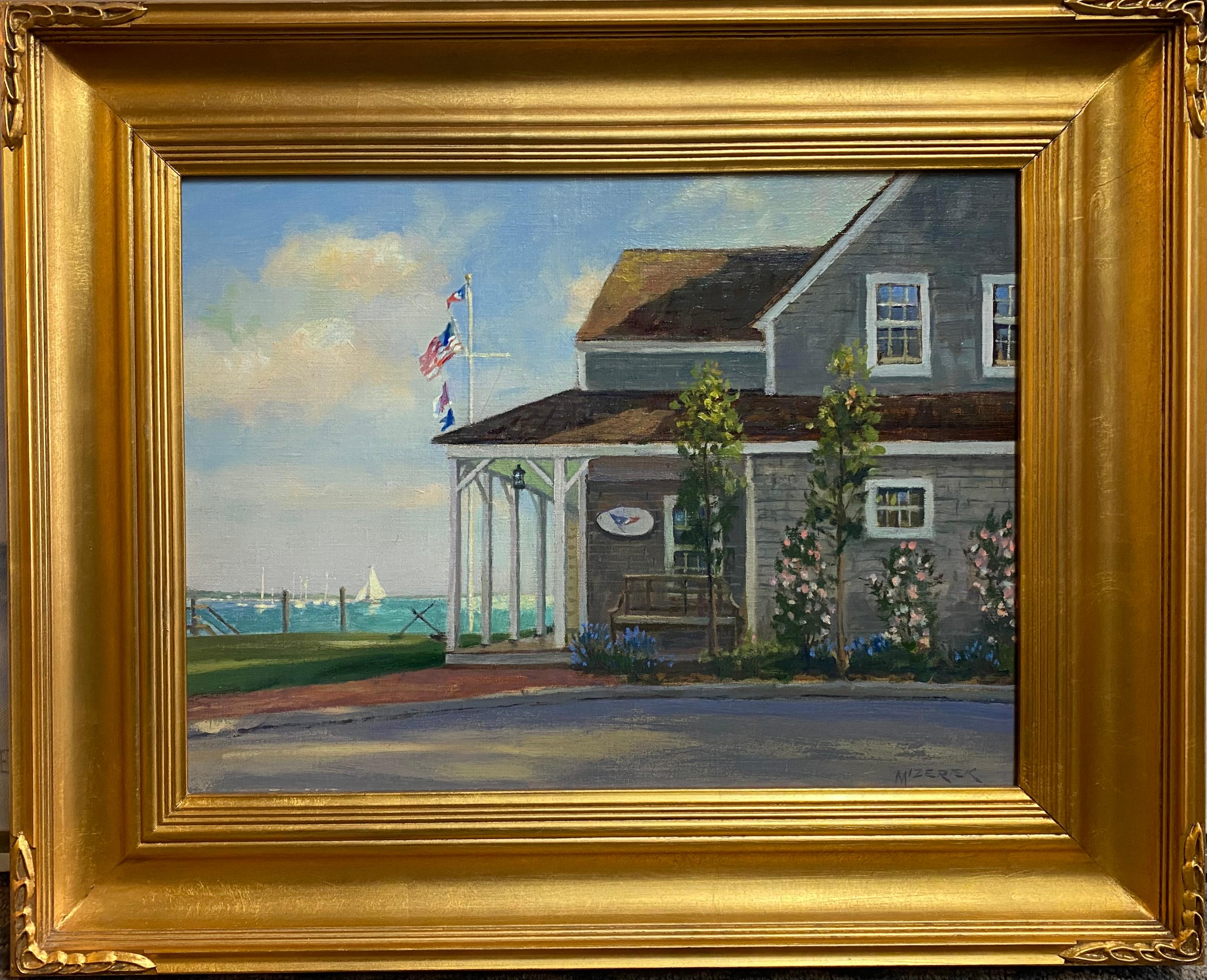 Leonard Mizerek Landscape Painting - Porch View, Great Harbor Yacht Club, original realist marine landscape