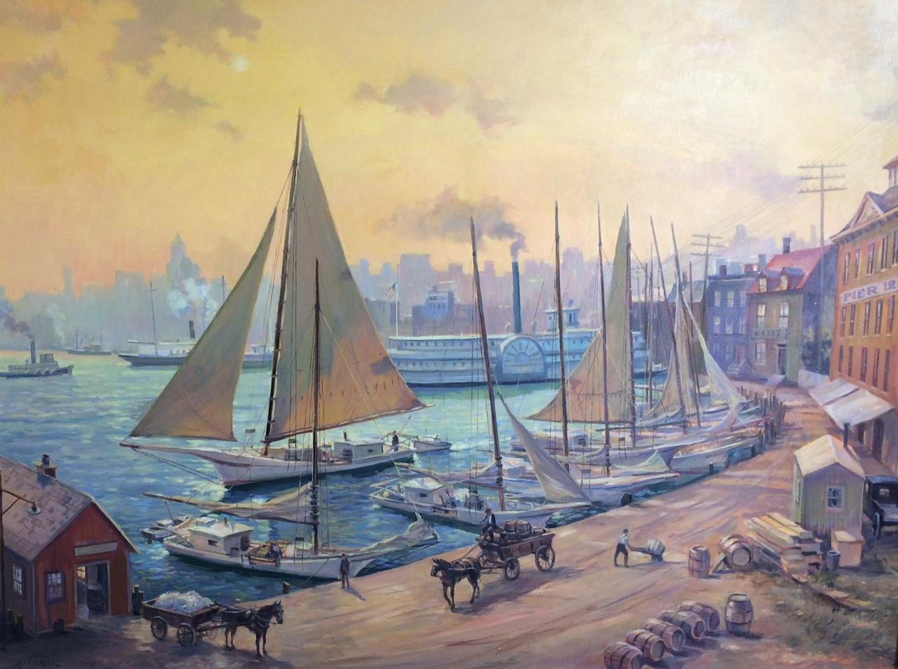 Pratt Street, Baltimore Harbor c 1900, original 36x48 marine landscape - Painting by Leonard Mizerek