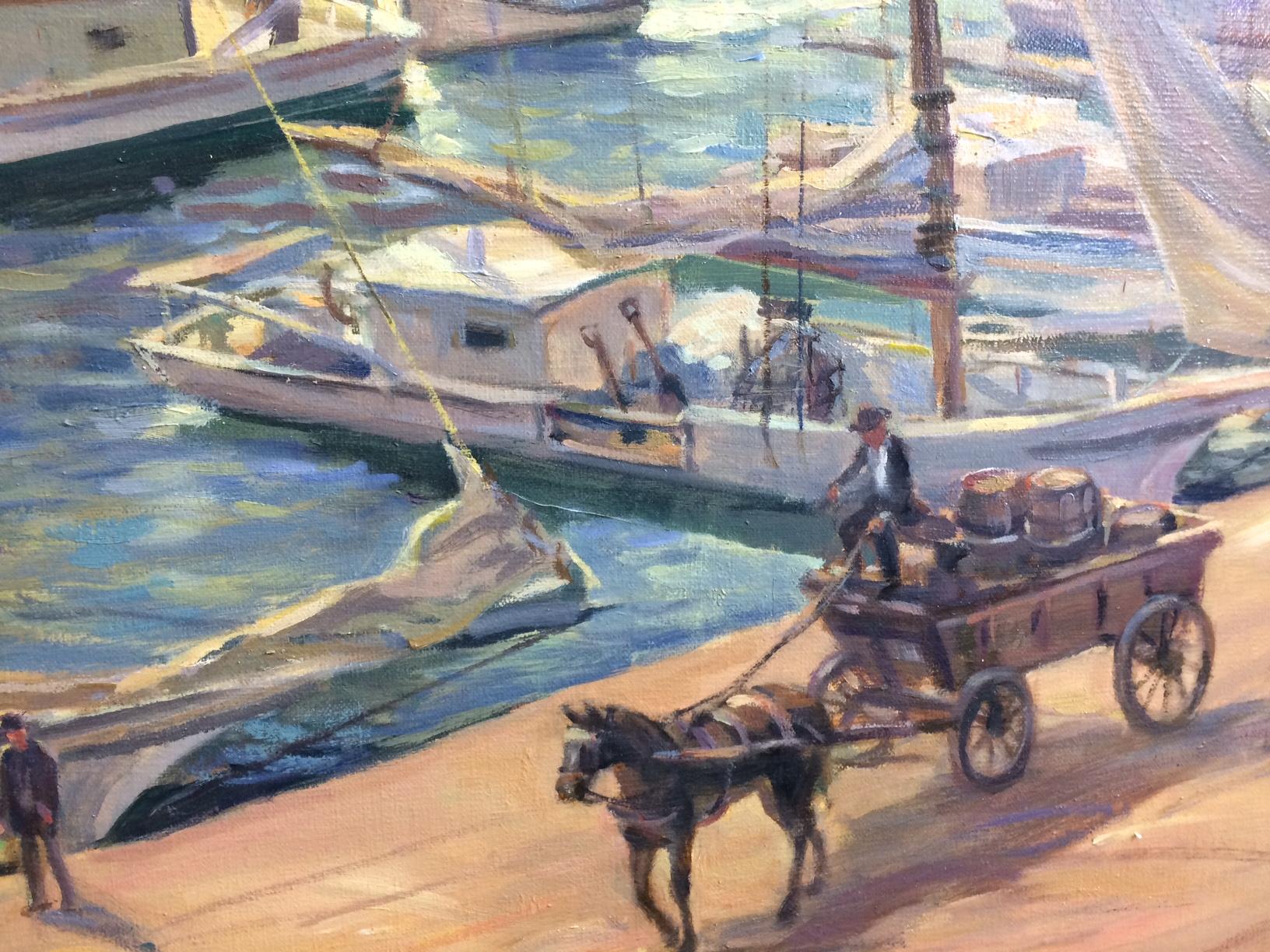 Pratt Street, Baltimore Harbor c 1900, original 36x48 marine landscape - Impressionist Painting by Leonard Mizerek