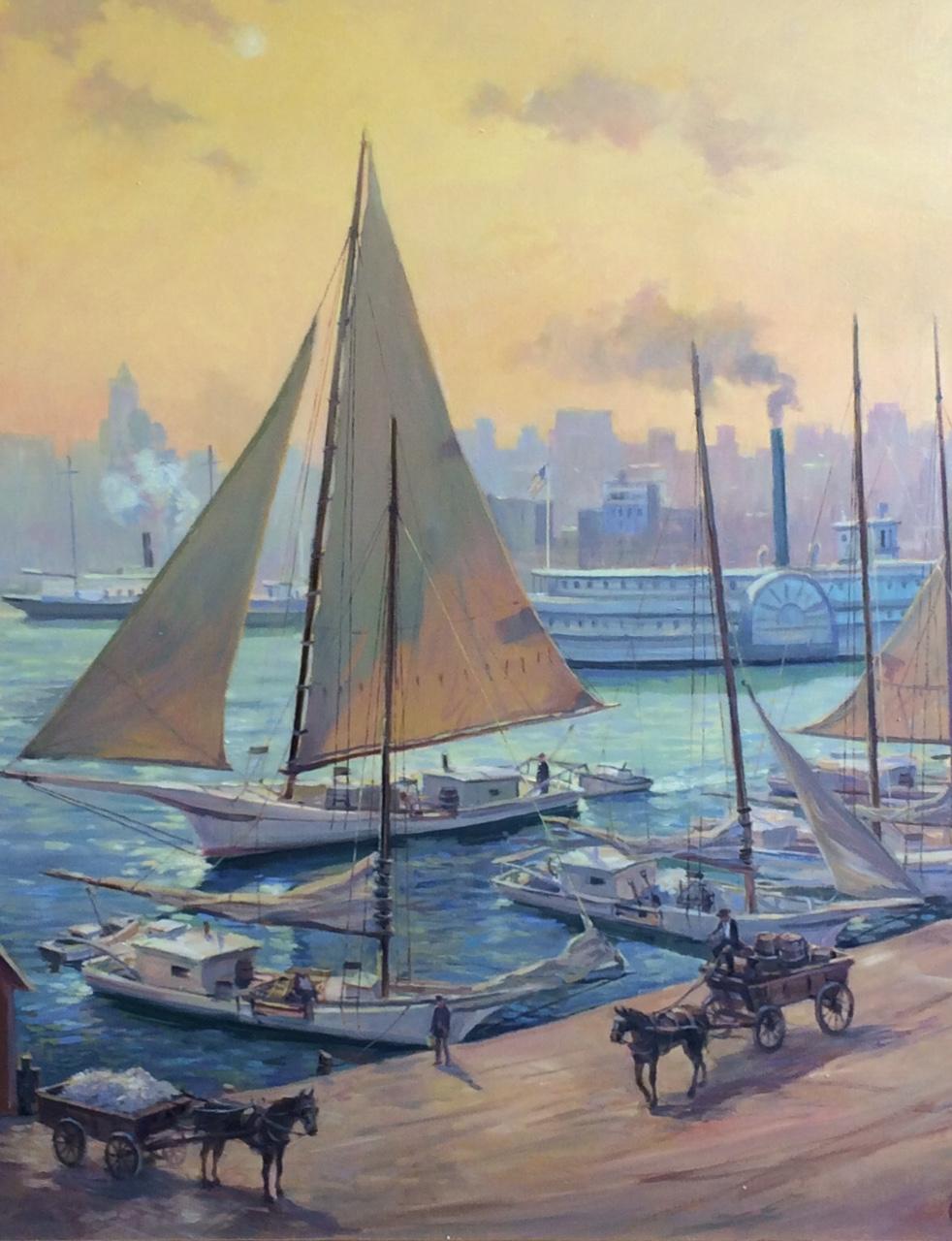 Pratt Street, Baltimore Harbor c 1900, original 36x48 marine landscape - Brown Figurative Painting by Leonard Mizerek