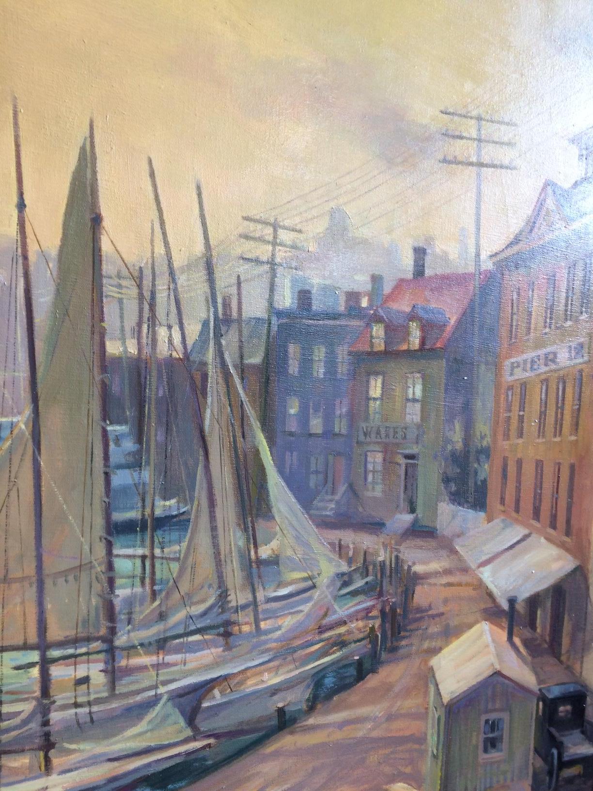  An historic masterpiece by artist Leonard Mizerek, fellow of the American Society of Marine Artists, this multi-faceted depiction of Baltimore's Pratt Street Wharf, the center of oyster harvesting in the 1900s, is bustling with activity as the