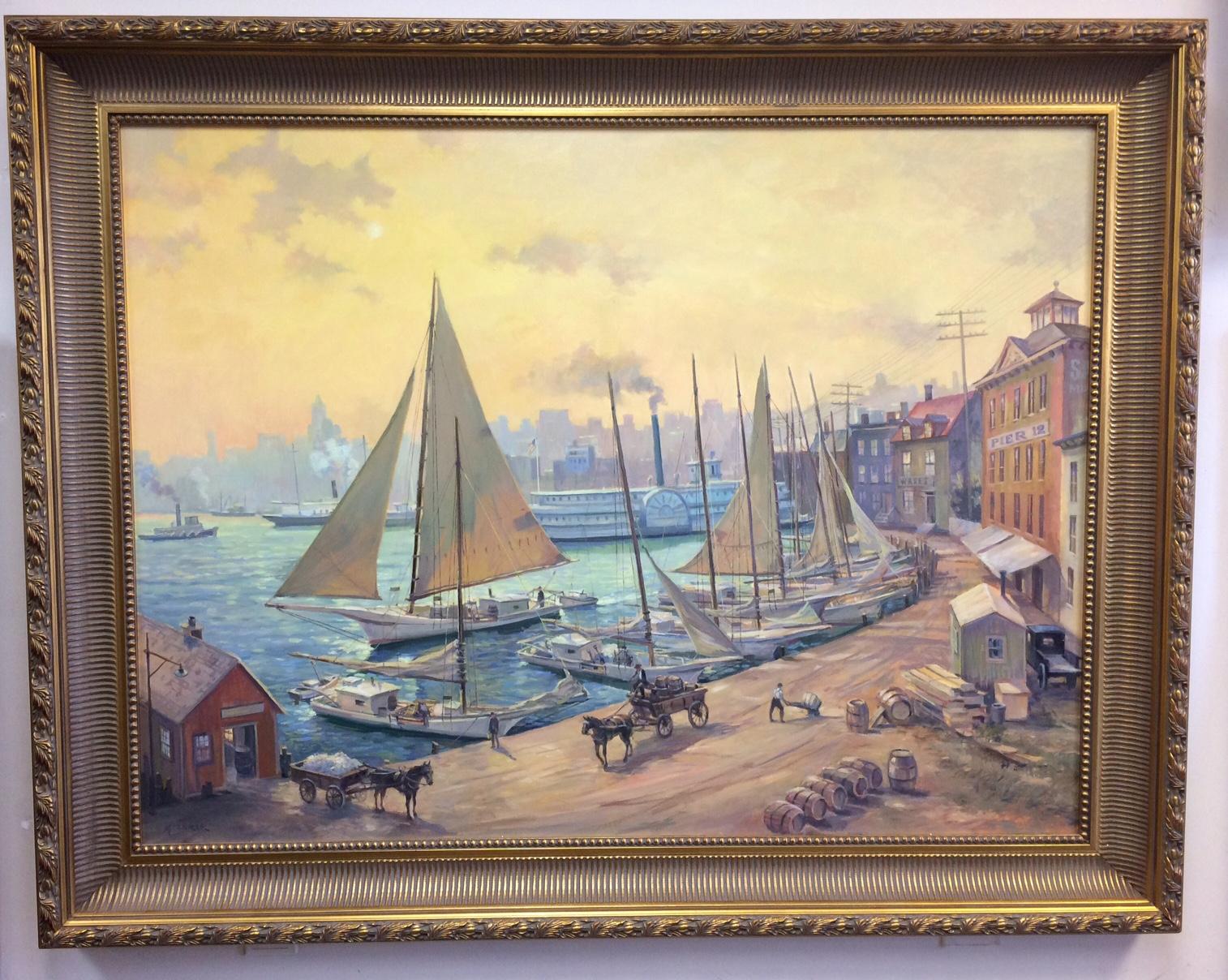 Leonard Mizerek Figurative Painting - Pratt Street, Baltimore Harbor c 1900, original 36x48 marine landscape