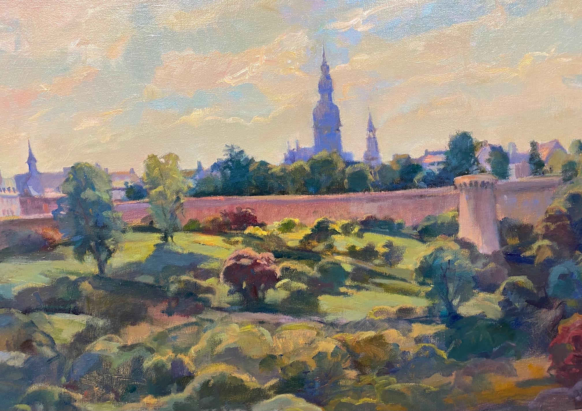 Skyline View of Dinan, original 20x39 impressionist European landscape For Sale 1