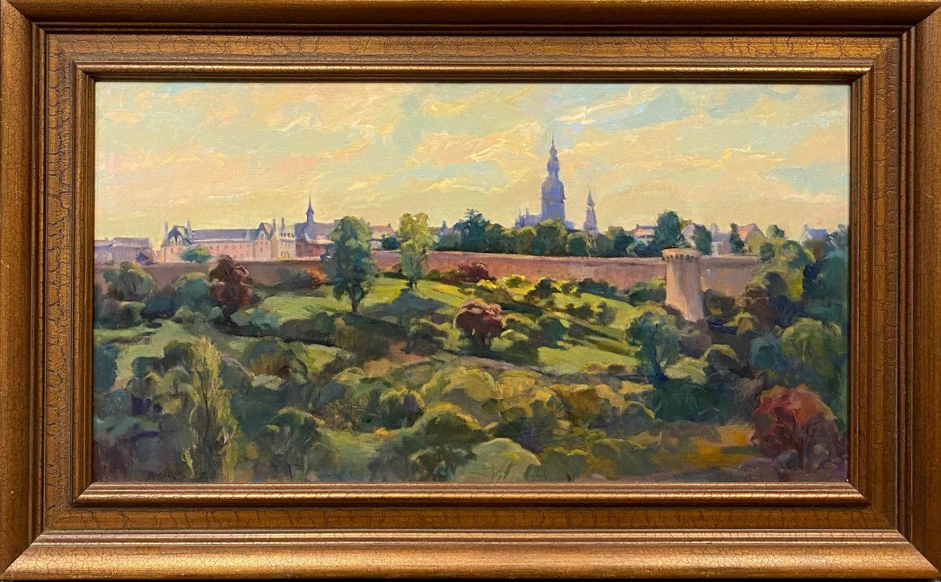 Skyline View of Dinan, original 20x39 impressionist European landscape - Painting by Leonard Mizerek