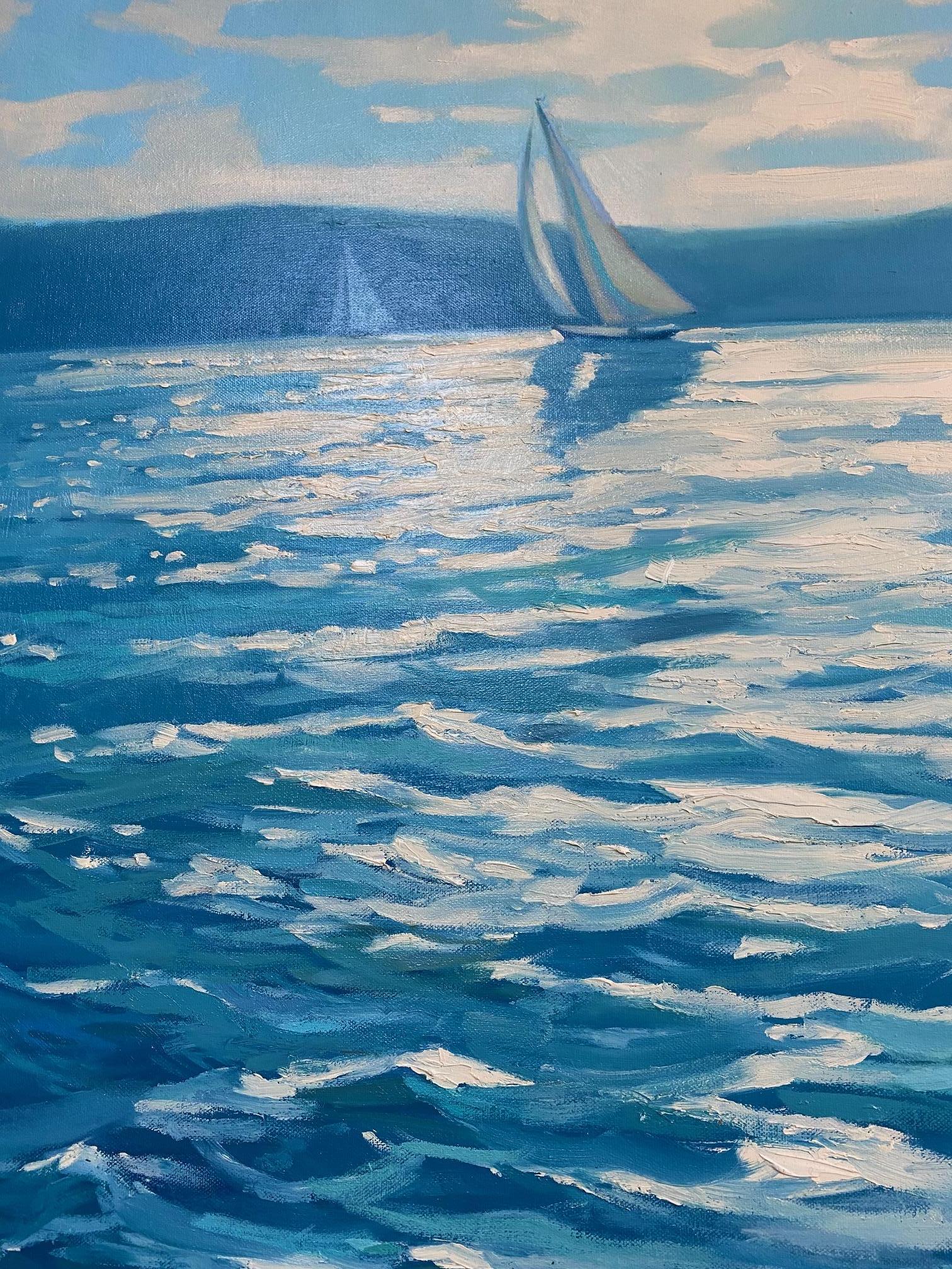 Sparkling Waters, original 48x36 impressionist marine landscape - Impressionist Painting by Leonard Mizerek