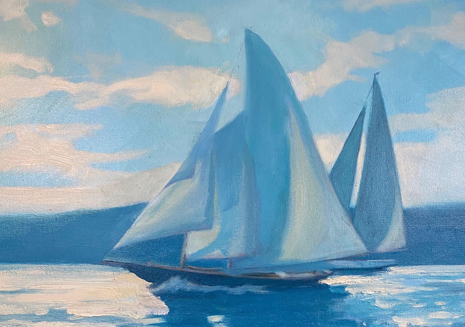 Sparkling waters in the afternoon on a pristine, sunlit day, warms the soul as a whispered lullaby.  Artist Leonard Mizerek employs classic impressionist brush strokes to add beauty, motion and dimension to the blue and white palette of this