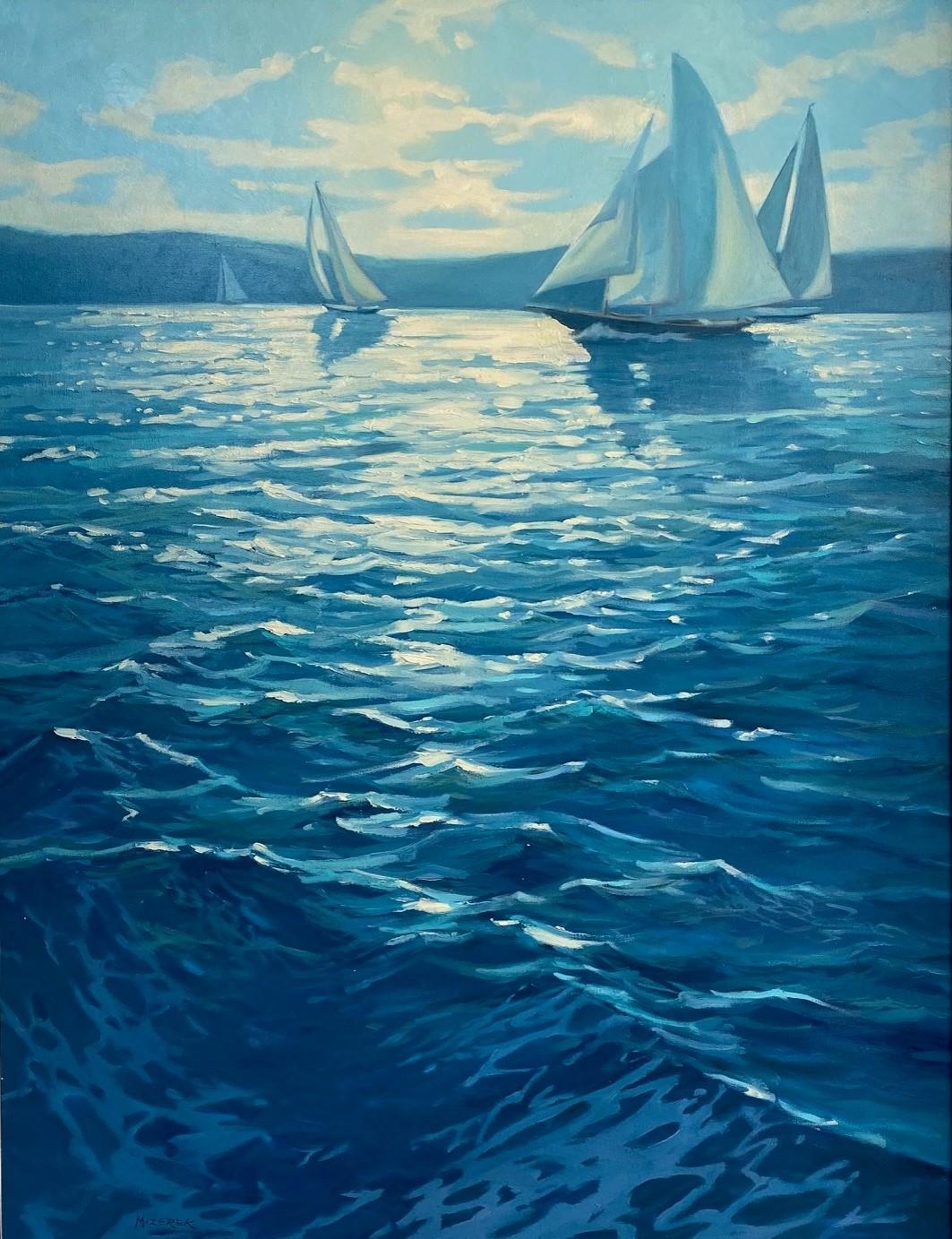 Sparkling Waters, original 48x36 impressionist marine landscape - Painting by Leonard Mizerek