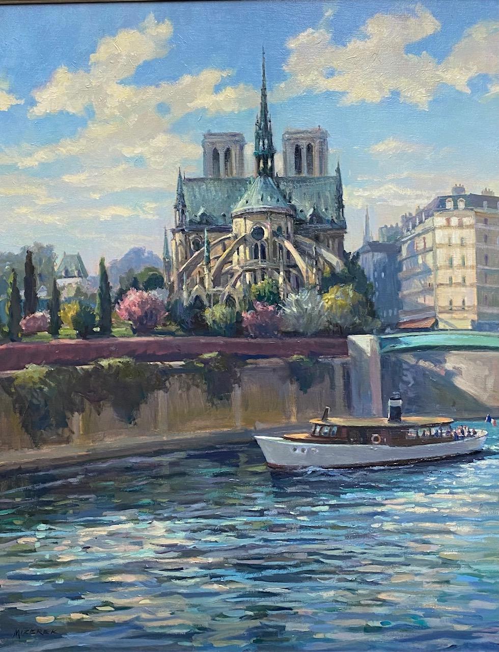 Paysage impressionniste français Springtime at Notre Dame, original 28x22 - Painting de Leonard Mizerek