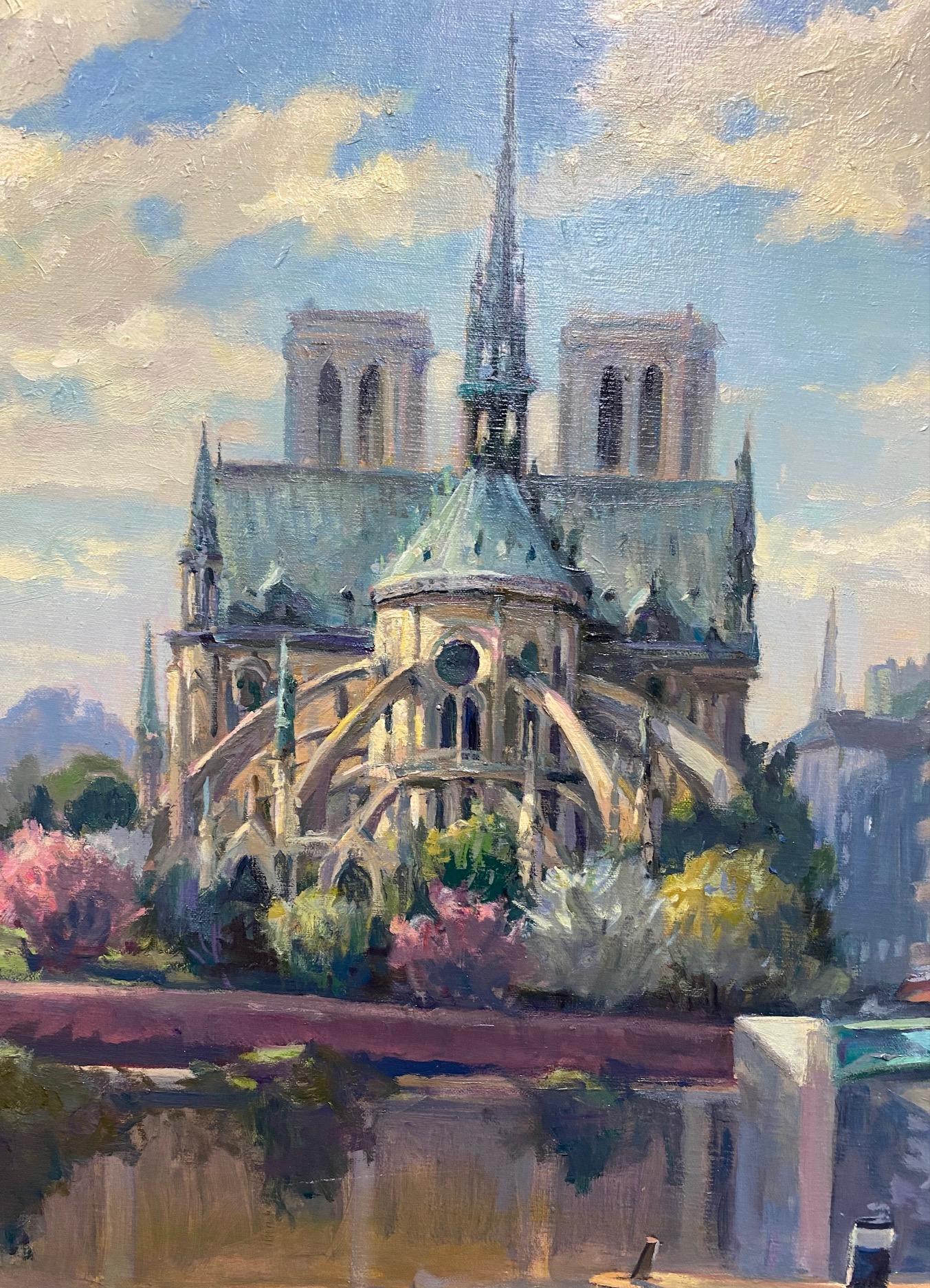 Paysage impressionniste français Springtime at Notre Dame, original 28x22 - Impressionnisme Painting par Leonard Mizerek