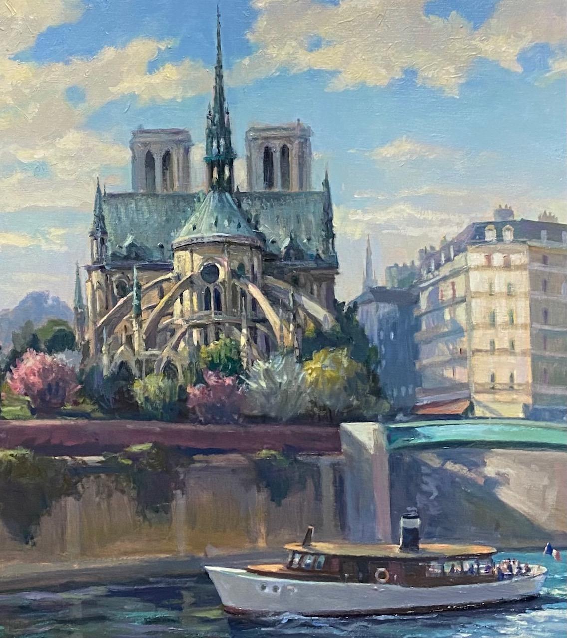 Paysage impressionniste français Springtime at Notre Dame, original 28x22 - Gris Landscape Painting par Leonard Mizerek