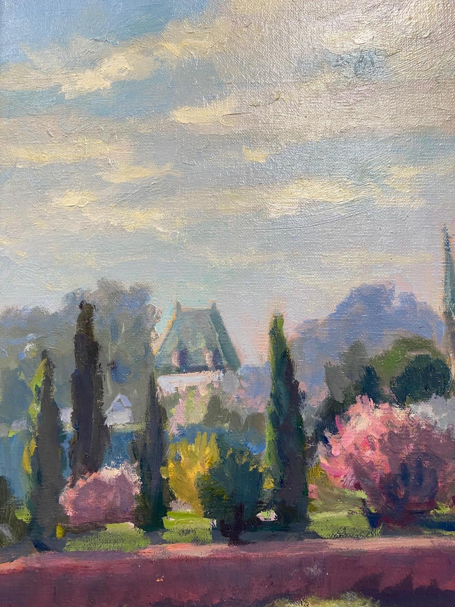 Springtime at Notre Dame, original 28x22 French impressionist landscape - Gray Landscape Painting by Leonard Mizerek