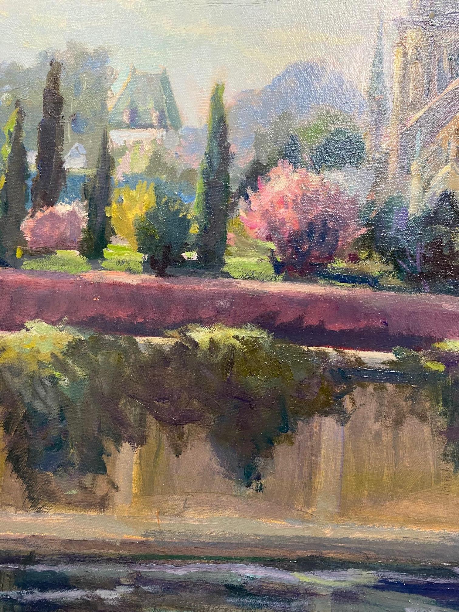 Paysage impressionniste français Springtime at Notre Dame, original 28x22 en vente 2