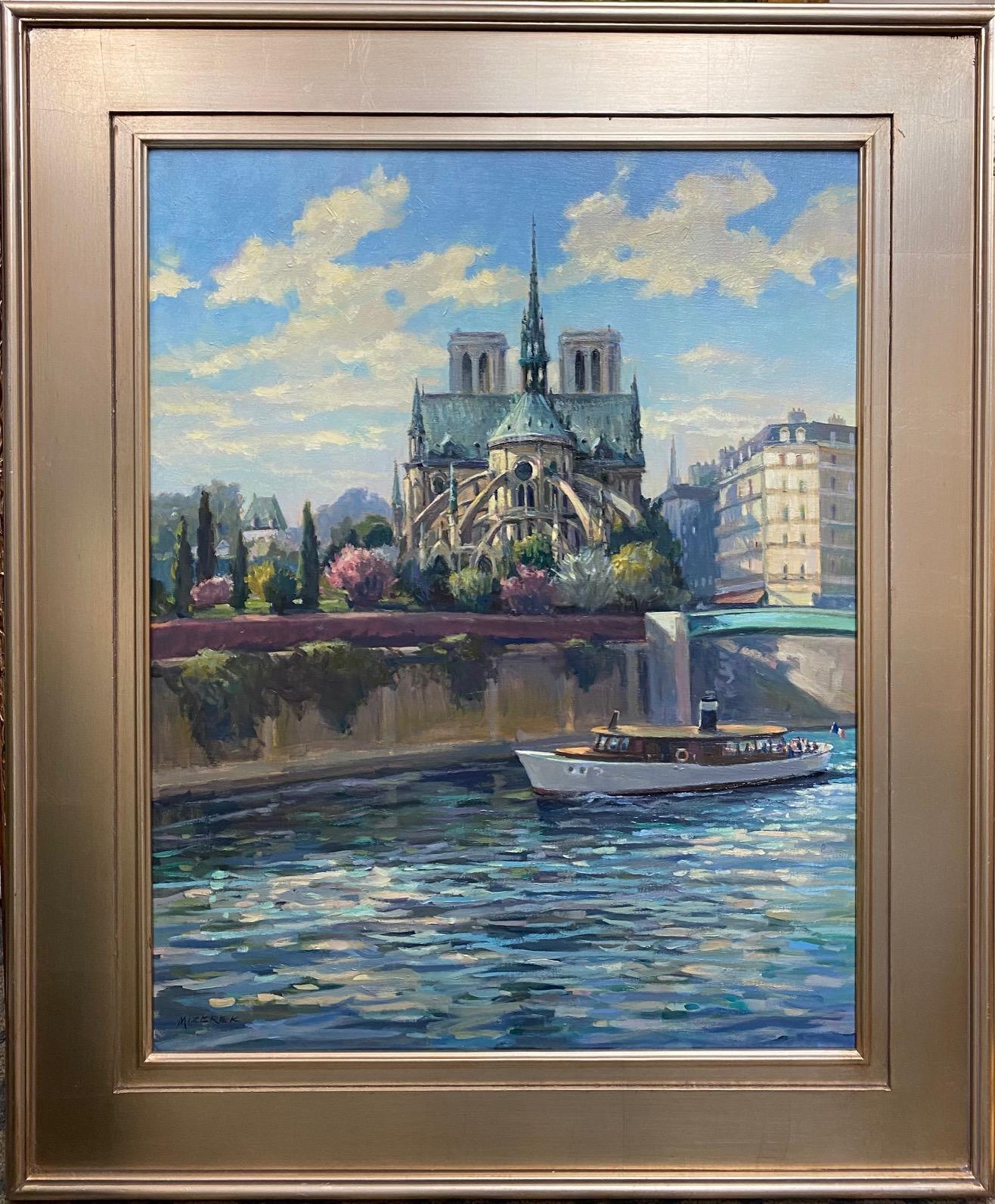 Landscape Painting Leonard Mizerek - Paysage impressionniste français Springtime at Notre Dame, original 28x22
